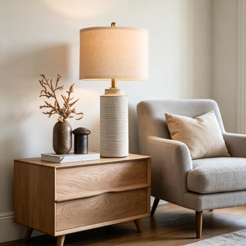 PARTPHONER 27" Vintage Ceramic Table Lamp Set of 2, Farmhouse Bedside Lamps with Ribbed Textured Finish, Rustic Nightstand Lamps for Living Room Bedroom End Tables Home Decor - Image 5