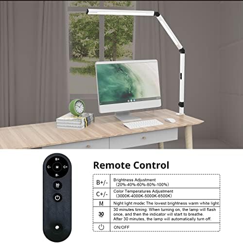 Micomlan LED Desk Lamp for Home Office, Architect Clamp Desk Lamp with Remote Control, Adjustable Dimmable Swing Arm Clamp on Table Light Clip-on Dual Light 5 Brightness Levels & 4 CCT Modes - Image 4