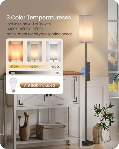 64.2” Dimmable Floor Lamp for Living Room with Remote and Foot Switch, Corner Floor Lamp for Bedroom, Includes 10W A19 Bulb, Modern Standing Tall Lamp, ETL Listed White and Black CW17LD05 - Image 3