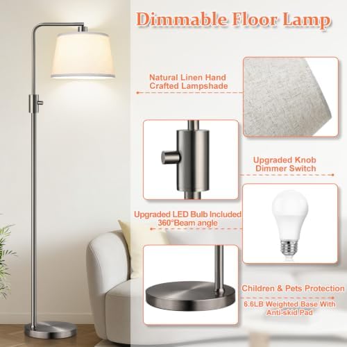 Nintiue 【Upgraded】 Dimmable Floor Lamp, 1000 Lumens LED Edison Bulb Included, Brushed Nickel Arc Floor Lamps for Living Room Modern Standing Lamp Tall Lamps for Living Room Bedroom - Image 5