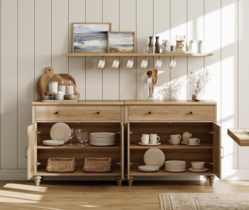 WAMAPT Oak Buffet Cabinet with 6 Doors and 3 Drawers, Large Coffee Bar Table Wood Kitchen Storage Cabinets, Modern Farmhouse Sideboard Credenza for Dining Room, 101 inch - Image 4