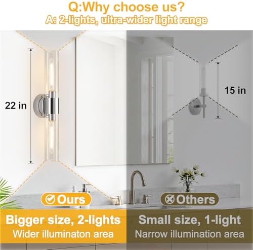 Wall Sconces Set of Two, Modern Bathroom Sconces Wall Lighting with & Clear Glass Glass, Chrome Sconces Wall Decor Set of 2 for Bathroom Mirror Bedroom Living Room Hallway - Image 5