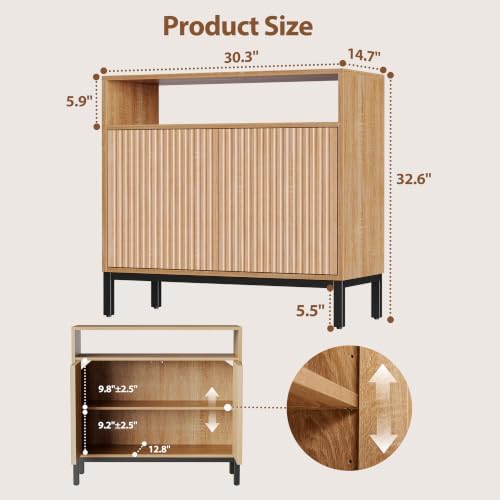 Mericonia 30 Inch Fluted Buffet Cabinet with Open Storage, Modern Sideboard with Doors & Adjustable Shelf, Accent Credenza Coffee Bar for Kitchen, Dining Room, Living Room, Entryway - Image 2