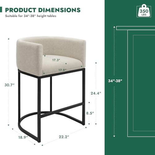 Counter Height Bar Stools, 24 Inch Seat Height Barstools for Dining Room, Fabric Upholstered Bar Chair for Kitchen Island, Linen Counter Stools with Metal Legs, Beige - Image 3