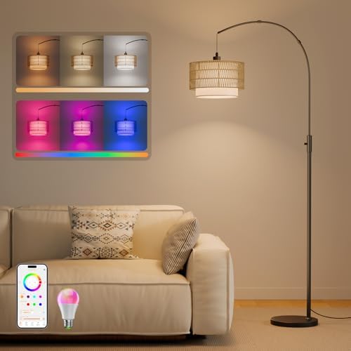 Boho Rattan Arc Floor Lamp, 71" RGB, Compatible with Alexa & App by VARICART
