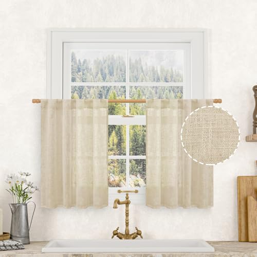 LAMIT 30 Inch Cafe Linen Curtains for Kitchen Window Over Silk 2 Panels by LAMIT