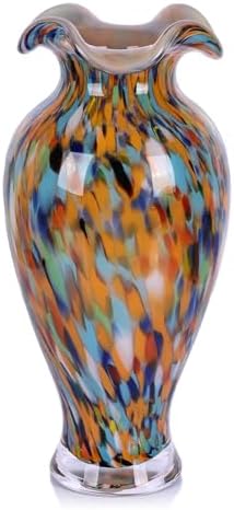 12.2H Murano Hand Blown Glass Vase, Ruffled Scalloped Rim Wide Mouth Colorful Decorative Flower Vase, Large Glass Centerpiece for Living Room, Bathroom, Office,Bookshelf, Entryway,Mantel Decor(Orange) by PlivBloom