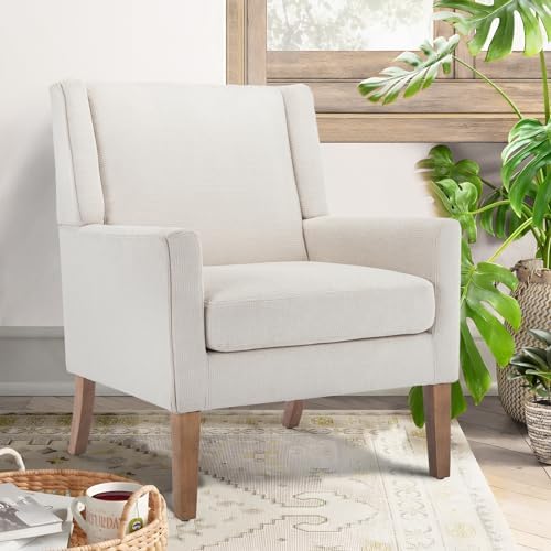 COLAMY Modern Wingback Living Room Chair, Upholstered Fabric Accent Armchair, Single Sofa Chair with Lounge Seat and Wood Legs for Office/Bedroom/Reading Spaces, Beige by COLAMYHOME