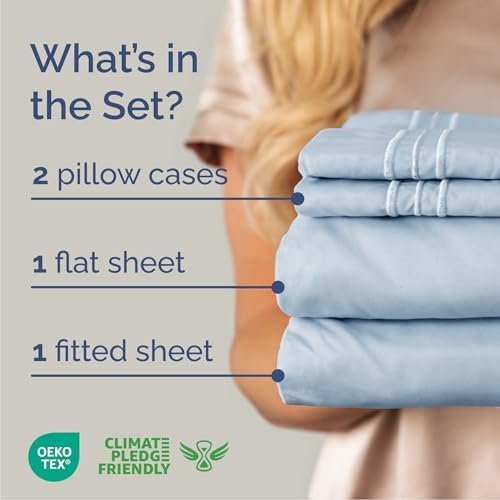 Queen Size 4 Piece Sheet Set - Comfy Breathable & Cooling Sheets - Sky Blue - Image 2