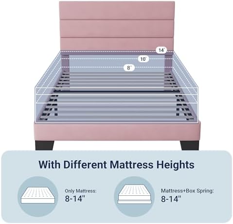 Allewie Twin Size Platform Bed Frame with Velvet Upholstered Headboard Pink - Image 7