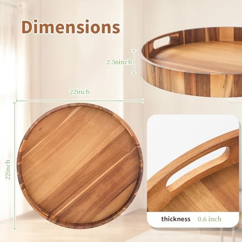 Large Ottoman Tray, 22" Big Ottoman Tray for Living Room, Large Serving Tray with Handles for Coffee Table Kitchen Counter,Great Round Wooden Trays with 4 Round Coasters for Appetizers, Dinner - Image 7