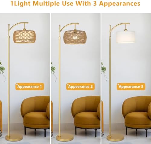 eyassi Arc Floor Lamp with 3 Color Temperatures, LED Gold Floor Lamp with Remote & Stepless Dimmable Bulb, Boho Standing Lamp with Rattan & Fabric Shades, Farmhouse Tall Lamp for Living Room Bedroom - Image 6