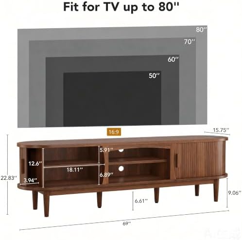 Decofy 69" Fluted TV Stand for TVs Up to 80" with Charging Station, Walnut - Image 3