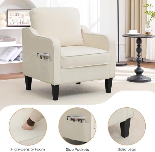 Accent Chairs Set of 2, Upholstered Living Room Chairs with Side Pockets, Mid Century Modern Reading Chair for Bedroom, Comfy Armchair Single Sofa Side Chair for Office, Small Room, Beige - Image 4