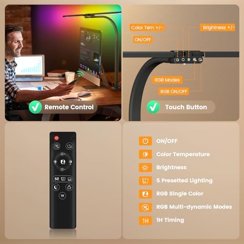 SIBRILLE Upgraded LED Desk Lamp for Home Office with RGB, Rotatable Computer Desk Light with Remote, Tall Table Lamp with Clamp for Working, Dimmable Dual Head Task Lighting for Monitor PC, 22W - Image 5