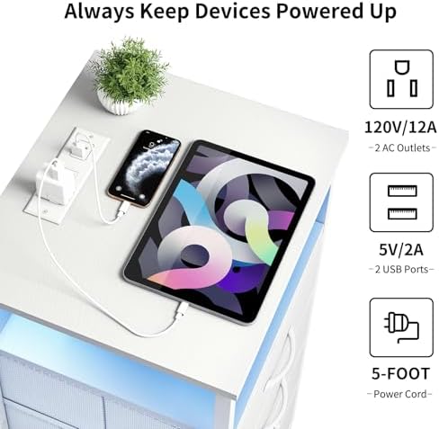 Fixwal Night Stand with Charging Station, White Led Nightstand, 4 Drawers - Image 5