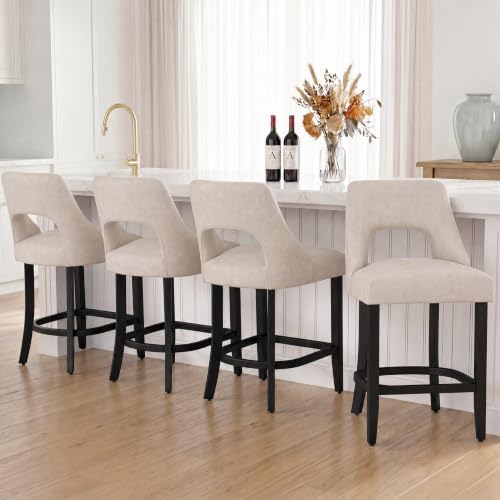 UVV Bar Stools Set of 4, Modern Upholstered Counter Height Bar Stools, Faux Leather Counter Stools BarStools with Wood Legs for Kitchen Island Dining Room Bar, Beige - Image 5