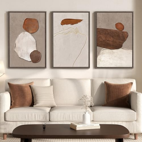 Large Framed Beige and Brown Neutral Abstract Wall Art, Set of 3, 20x30 In by Cuspin