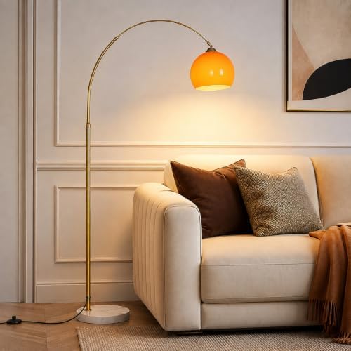 Mid Century Modern Orange Arc Floor Lamp,Gold Body,for Living Room by MIXL