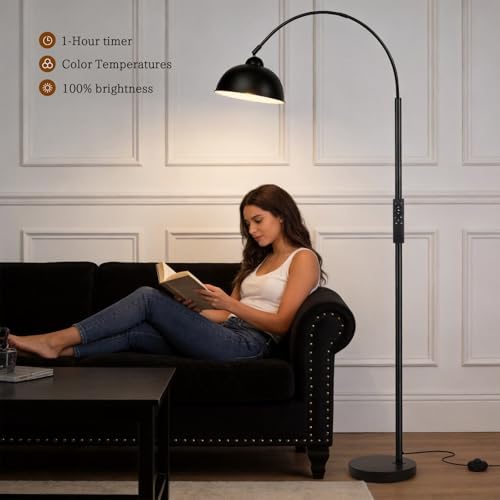 Modern Arc Floor Lamp with Remote Control 12W Stepless Dimmable Arched Standing Lamp,Adjustable Metal Hanging Shade,Tall Over the Couch Pole Light for Living Room, Bedroom, Office (Black) - Image 3