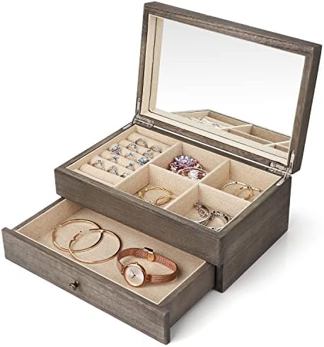 Meangood Jewelry Box Organizer for Women, 2 Layer Large Jewelry Storage Case, Rustic Wooden Jewelry Box with Mirror & Ring Tray for Necklace Earring Bracelets Rings, Vintage Style (Weathered Grey) by Meangood
