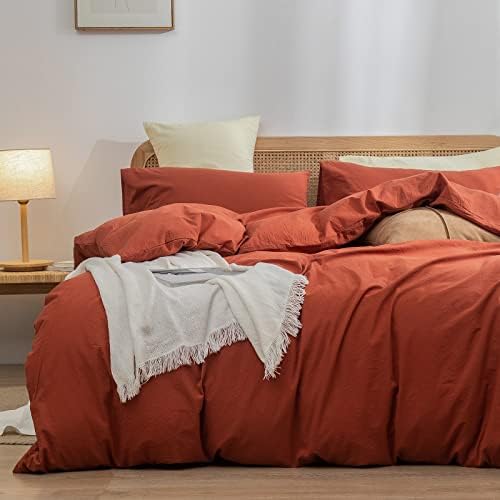 BESTOUCH Cotton Solid Duvet Cover Set Linen Feel Burnt Brick Red King by BESTOUCH