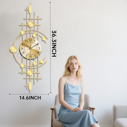 Wall Clock for Living Room, Silent Quality Quartz Battery Operated, Golden Metal Decorative Large Wall Clock for Kitchen,Home,Bathroom,Bedroom Home Decor,14.6x36.3inch - Image 4
