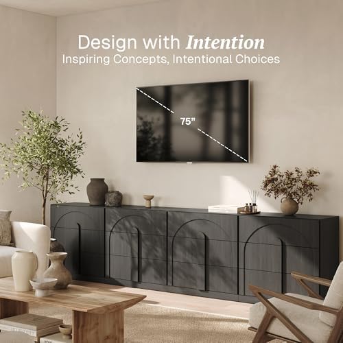 BELLEZE Sideboard Cabinet with 3 Drawers, Set of 4 Modern Wood Buffet Cabinet with Arc Design, Large Fluted Sideboard with Storage for Kitchen Living Room Entryway, Ebony - Image 3