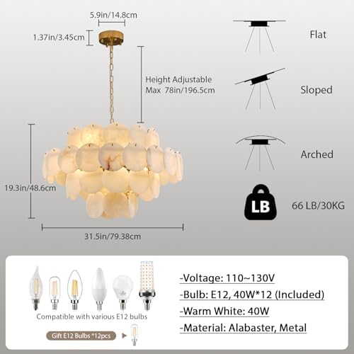 D31.5 Round Alabaster Chandelier, 4-Tier Brass Marble High Ceiling Chandeliers, 12-Light Modern Dimmable Pendant Light for Living Room Dining Room Bedroom Foyer Hallway Kitchen (Include Bulbs) - Image 4