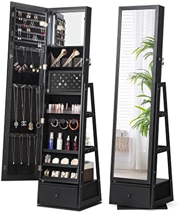 Nicetree 360° Swivel Jewelry Cabinet with Lights, Full Length Mirror, Black by Nicetree