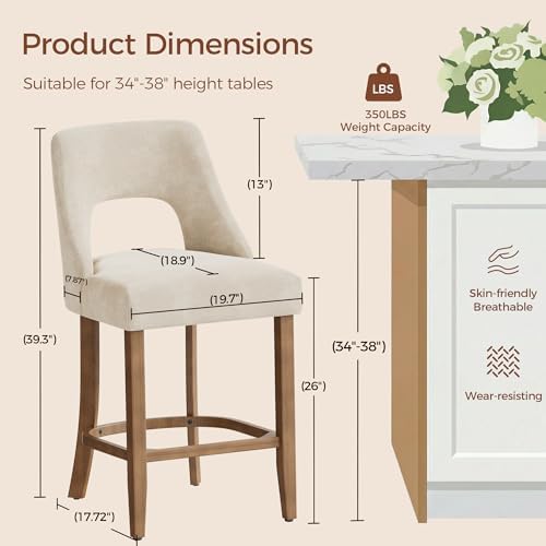 UVV Bar Stools Set of 4, Upholstered Counter Height Bar Stools, Modern Counter Stools with Wood Legs for Kitchen Island Dining Room Bar, Beige - Image 2