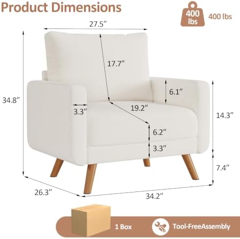 Oversized Accent Chair for Living Room, Mid Century Modern Accent Chairs,Chenille Living Room Armchairs,Bedroom Reading Chair with Widen Arm Rest, Cozy Single Sofa Chair, White - Image 2