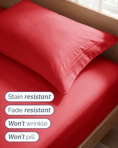Twin Size 3 Piece Sheet Set - Comfy Breathable & Cooling Bed Sheets - Red - Image 5