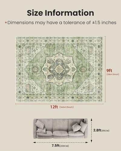 Amada Large 9x12 Washable Area Rug for Living Room, Green, Vintage Pattern - Image 2