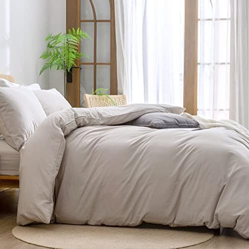 BESTOUCH Cotton Solid Duvet Cover Set Linen Feel Linen Grey Oversized King - Image 3