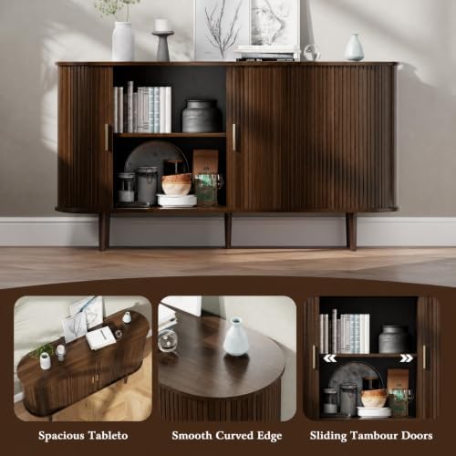 DHH Sideboard Buffet Cabinet with Storage,Mid Century Modern Fluted Accent Coffee Bar Console Table,Tambour Sliding Doors& Adjustable Shelf for Kitchen, Living Room, Entryway(Walnut,55 Inch) - Image 5