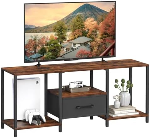 JARHETUN TV Stand with Fabric Drawer for 55 Inch TV, Entertainment Center with Open Shelves, Media TV Console Table for Living Room, Bedroom, Rustic Brown by JARHETUN