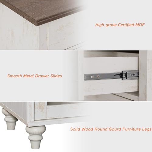 WAMPAT Sideboard Buffet Cabinets with Glass Doors, Large Kitchen Storage Cabinets, Wooden Coffee Bar Tables with Vintage Gourd Leg, Sideboard Credenza Table for Dining Room, Living Room, Rustic White - Image 4