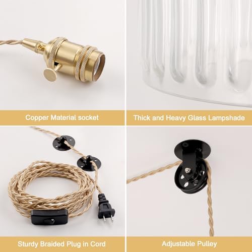Shenmoyl Plug in Pendant Light Hanging Light Fixture Corded On/Off Switch Brass Pendant Light with Clear Striped Glass Lampshade for Bedroom Living Room Kitchen Island - Image 6