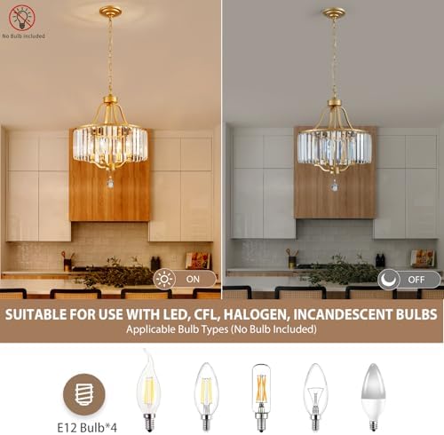 Gold Crystal Chandeliers for Dining Room, 4-Light Modern Round Chandeliers 15.7" for Living Room Kitchen Hallway Bedroom Foyer Hall, Adjustable Height Hanging Light Fixture - Image 4