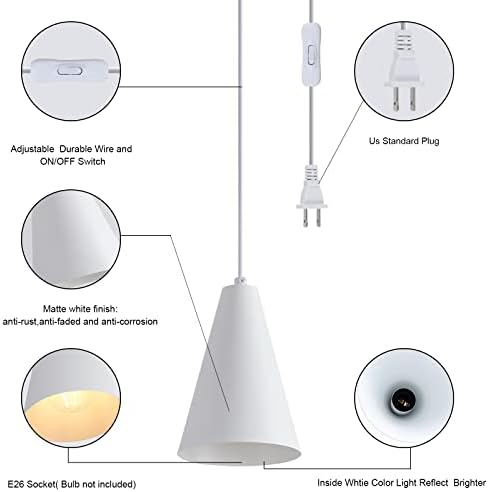 White Plug In Pendant Lights Kitchen Island,Dining Room Light Fixtures Over Table 1 Pack with Cone Metal Shade, Modern Farmhouse Mini Chandeliers with Cord On/Off Switch Hanging Lighting for Sink - Image 5