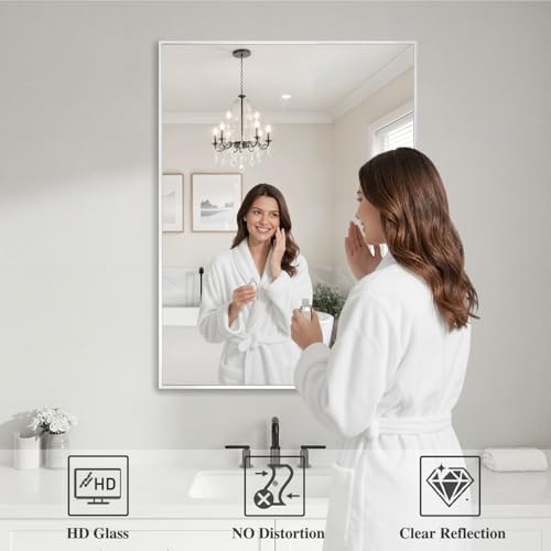 Koonmi White Rectangle Wall Mirror, 26x38 Inch Bathroom Mirror, Aluminum Frame Vanity Mirror for Entryway, Living Room, Bedroom Bathroom, Hangs Horizontally or Vertically - Image 3