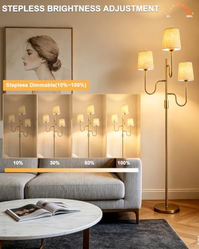 Lightdot 68IN Gold Floor Lamp Dimmable 3-Lights LED Floor Lamps with Cone Fabric Shade& Warm White Bulb for Wedding/Party 3-Arm Standing Tall Lamp for Living Room/Bedroom/Sofa Beside/Corner Decor - Image 2