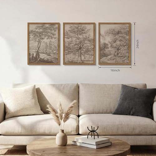 Framed Vintage Landscape Wall Art Set of 3, Wabi Sabi Tree Canvas Wall Decor Paintings, Neutral Rustic Botanical Artwork Prints Pictures for Farmhouse Living Room Bedroom 16x24 Inch - Image 4