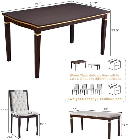 VilroCaz Modern Elegant Wood Kitchen Dining Table Set, 60'' Rectangular Table and 4 High-Back Tufted Chairs & 1 Bench, Home Breakfast Kitchen Dining Room Table Set for 6 (Espresso-10.6) - Image 3