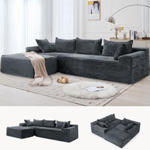 Korser 110" L-Shaped Modular Sectional Sofa with Chaise, Boneless Comfy Corduroy Fluffy Couch with Deep Seat and Side Pockets, Flexible Module Combination for Living Room, No Assembly, Side Pockets by KORSER