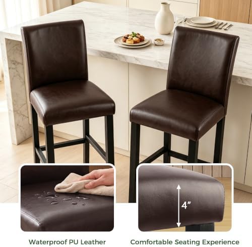 LSSPAID Bar Stools Set of 2, Dark Brown PU Leather 29 Inch Barstools - Image 4