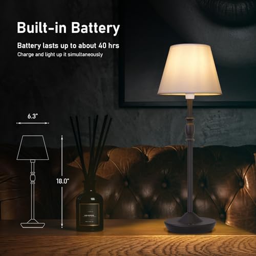 Cordless Table Lamp Portable Small LED Touch Lamp with Dimmer, 18" 2700K Rechargeable Battery Light for Bedside, Dining Room, Bedroom Lamp, Patio, Bar, Night Light, Bathroom (Sand Black) - Image 3