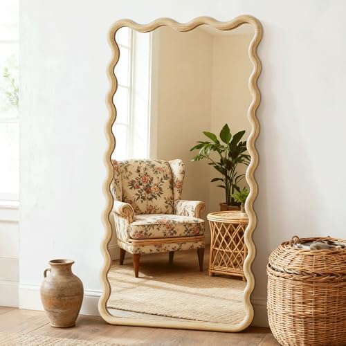 Full Length Mirror, 55”x28” Wavy Wood Floor Mirror for Wall by LawadaMirror