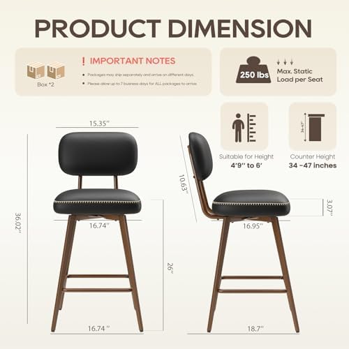 MALOL 26“ Swivel Bar Stools Set of 4, Mid Century PU Leather Counter Height Bar Chairs with Low Back and Metal Legs, Modern Bar Stool Chair for Kitchen Island, Black - Image 2